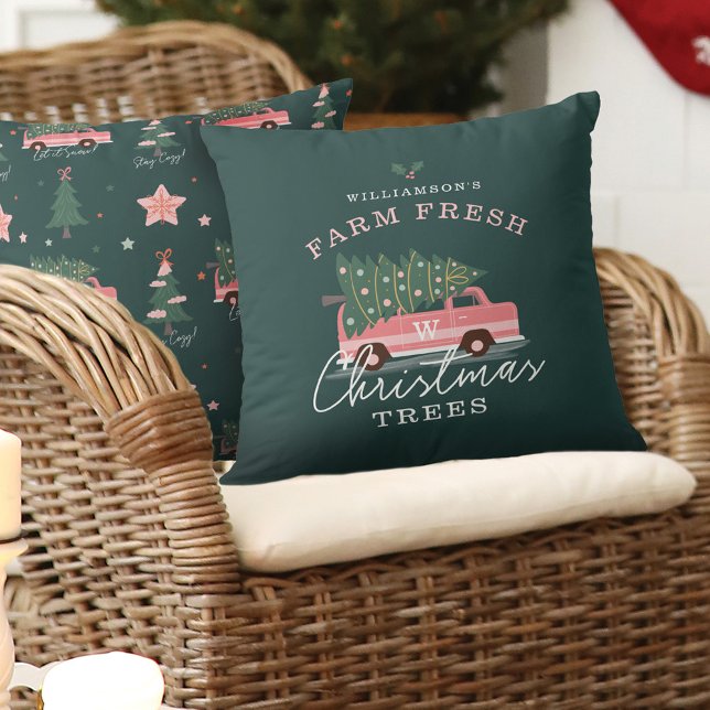 Family's Farm Fresh Christmas Trees Pink Retro Van Throw Pillow (Family's Farm Fresh Christmas Trees Pink Retro Van Throw Pillow)