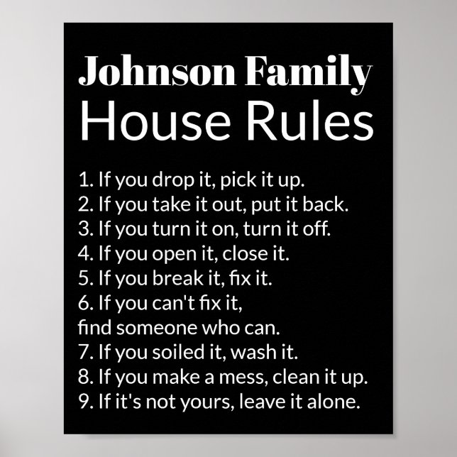 Family's House Rules Black and White Text Template Poster (Front)
