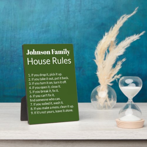Familys House Rules Dark Green and White Template Plaque