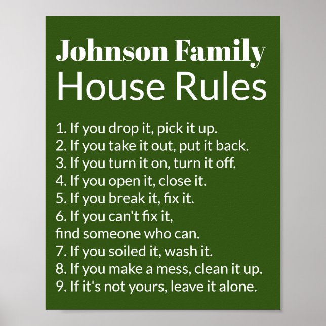 Family's House Rules Dark Green and White Template Poster (Front)