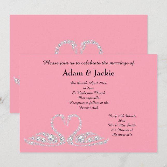 FAMINGO PINK SWAN ELEGANT WEDDING INVITATION (Front/Back)