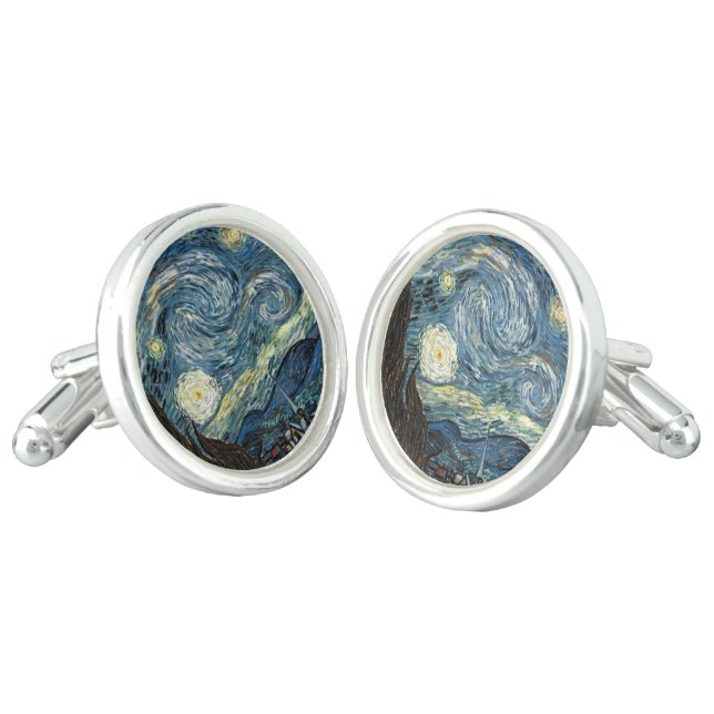 Famous art reprint, Starry Night, by Van Gogh Cufflinks (Angled)