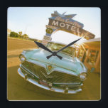 Famous Blue Swallow Motel on Route 66 Square Wall Clock<br><div class="desc">Tucumcari, New Mexico. Famous Blue Swallow Motel on Route 66 with old car parked in front.</div>