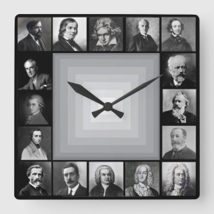 Famous Composers Black and White Portraits Square Wall Clock