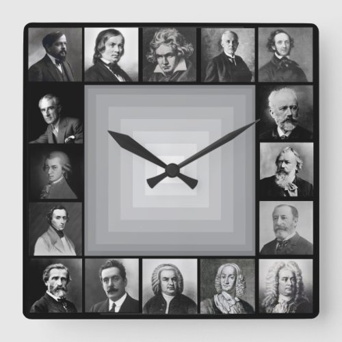 Famous Composers Black and White Portraits Square Wall Clock