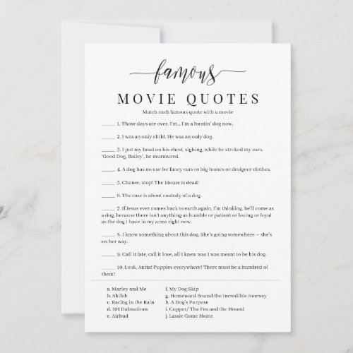  Famous Dog Movie Quotes Match Game Invitation