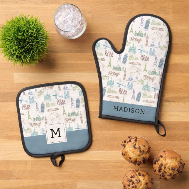 Famous Landmarks Pattern Oven Mitt & Pot Holder Set (Top Down)