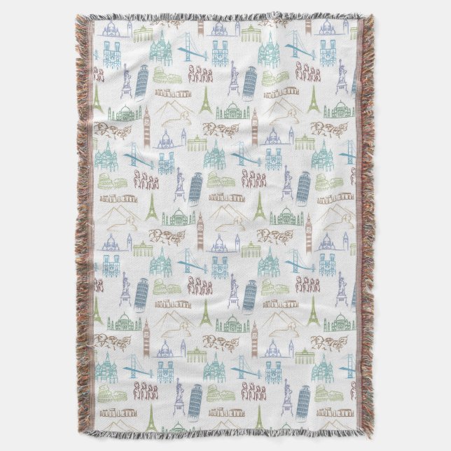 Famous Landmarks Pattern Throw Blanket (Front Vertical)