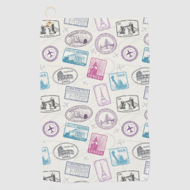 Famous landmarks retro postal markings pattern golf towel (Front)