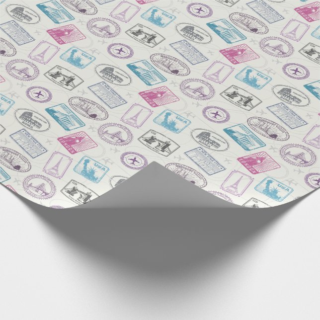 Famous landmarks retro postal markings pattern wrapping paper (Corner)