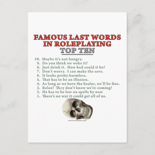 Famous Last Words in Roleplaying Top Ten Postcard