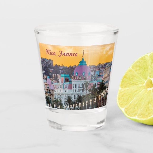 Famous luxury hotel Hotel Negresco in Nice France Shot Glass (Front)
