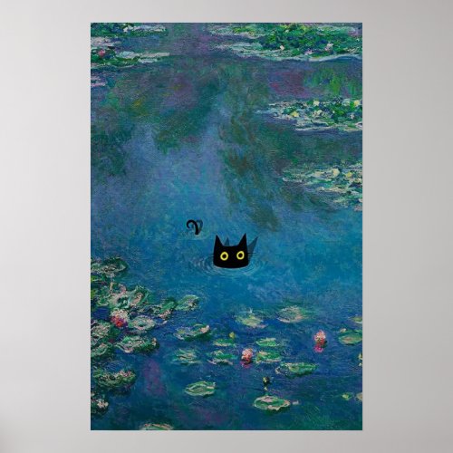 Famous Oil Painting Monets Water Lillies Black Cat Poster