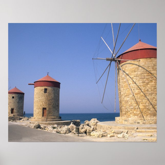 Famous old windmills of Rhodes Greece Poster (Front)