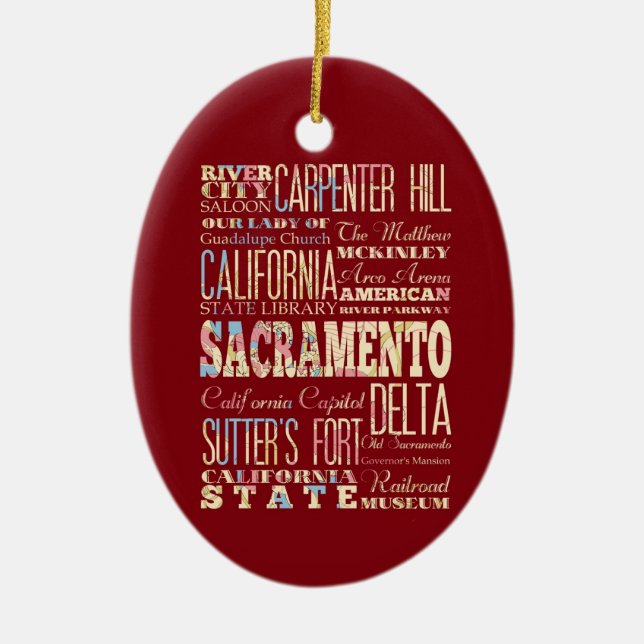 Famous Places of Sacramento, California. Ceramic Ornament (Front)