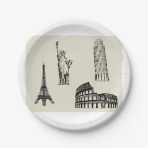Famous World Landmarks Sketch Paper Plates