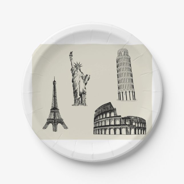 Famous World Landmarks Sketch Paper Plates (Front)