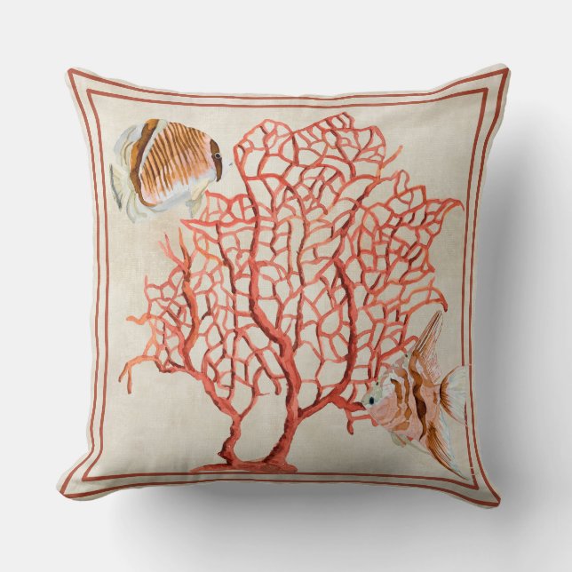 Fan Coral Ocean Beach Angel Tropical Fish Red Throw Pillow (Front)