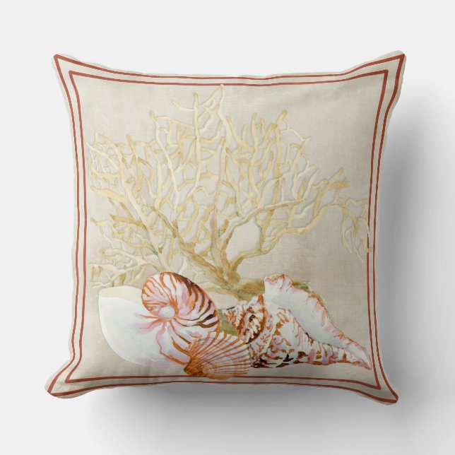 Fan Coral Ocean Beach Nautilus Conch Sea Shell Throw Pillow (Front)