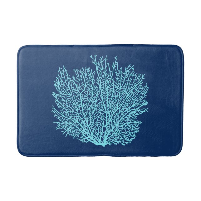 Fan Coral Print, Aqua on Deep Cobalt Blue Bathroom Mat (Front)