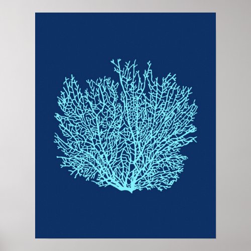 Fan Coral Print Aqua on Deep Cobalt Blue Poster