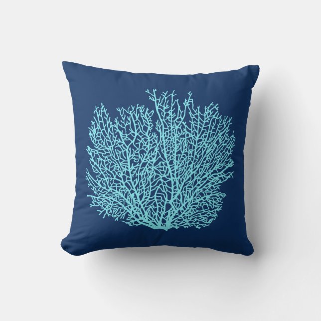 Fan Coral Print, Aqua on Deep Cobalt Blue Throw Pillow (Front)