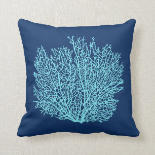 Fan Coral Print, Aqua on Deep Cobalt Blue Throw Pillow