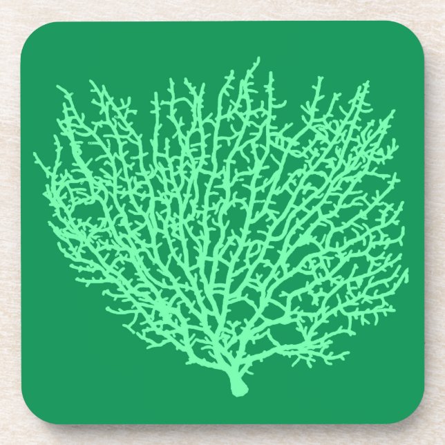 Fan Coral Print, Pale Green on Deep Jade  Green Coaster (Front)