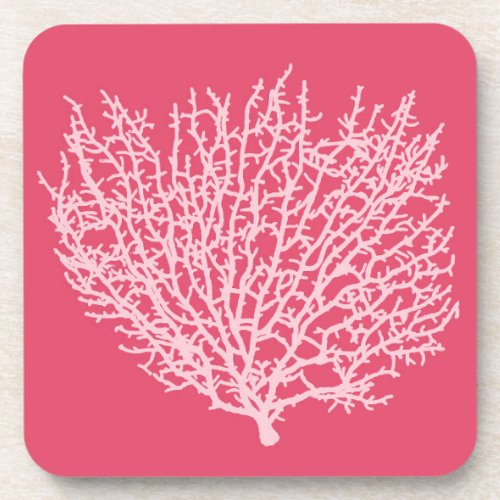 Fan Coral Print Pale Pink on Deep Coral  Pink Drink Coaster