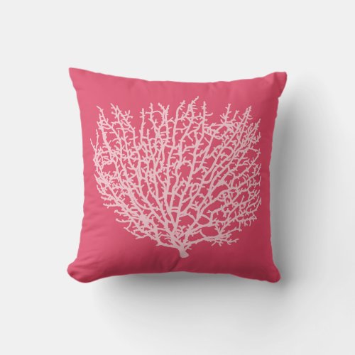 Fan Coral Print Pale Pink on Deep Coral  Pink Throw Pillow