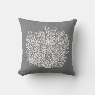 Fan Coral Print, Pale Silver on Medium Gray / Grey Throw Pillow
