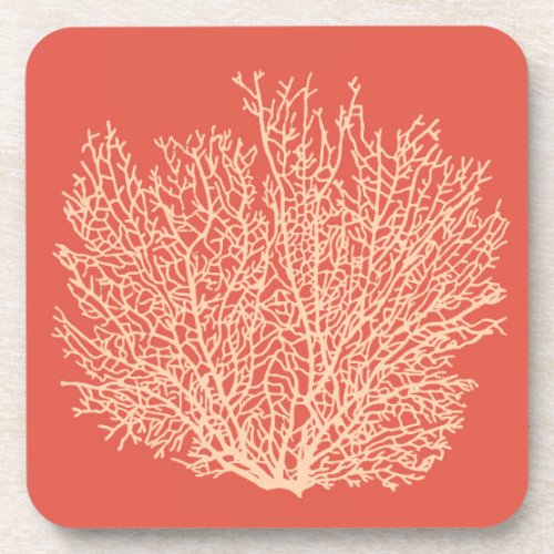 Fan Coral Print Peach on Deep Coral  Orange Drink Coaster