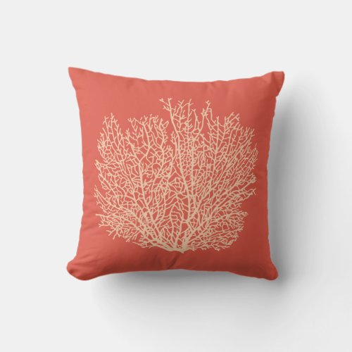 Fan Coral Print Peach on Deep Coral  Orange Throw Pillow
