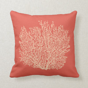 Fan Coral Print, Peach on Deep Coral Orange Throw Pillow