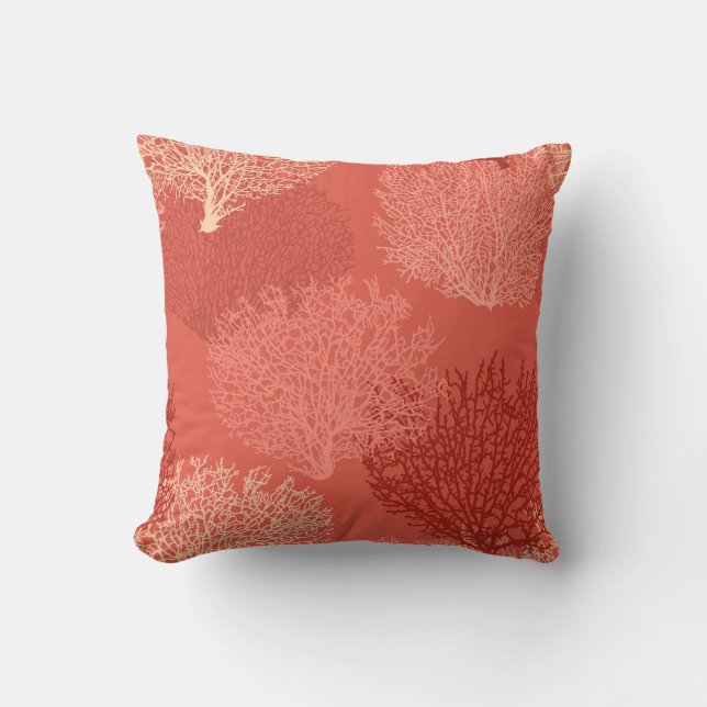 Fan Coral Print, Shades of Coral Orange Throw Pillow (Front)