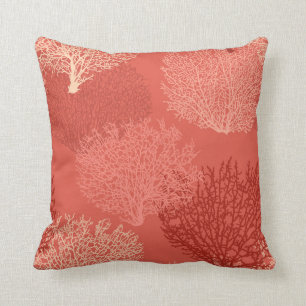 Fan Coral Print, Shades of Coral Orange Throw Pillow