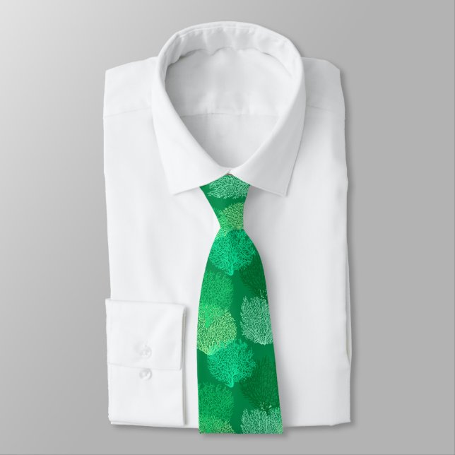 Fan Coral Print, Shades of Jade Green    Neck Tie (Tied)