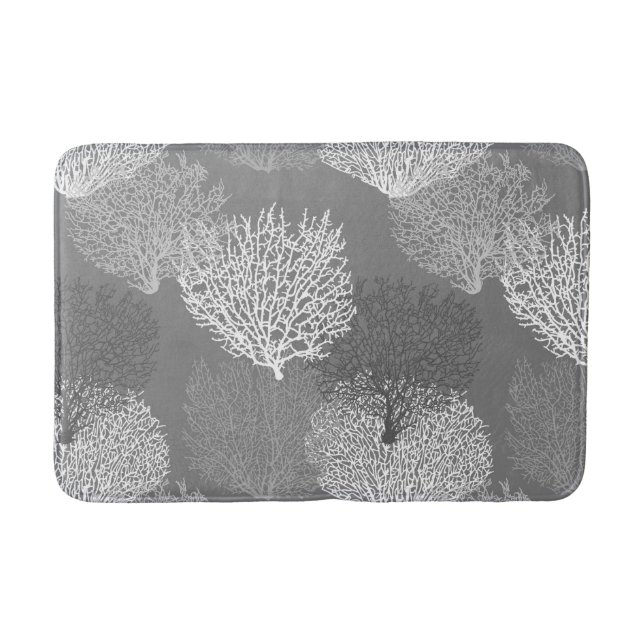 Fan Coral Print, Shades of Silver Gray / Grey Bath Mat (Front)