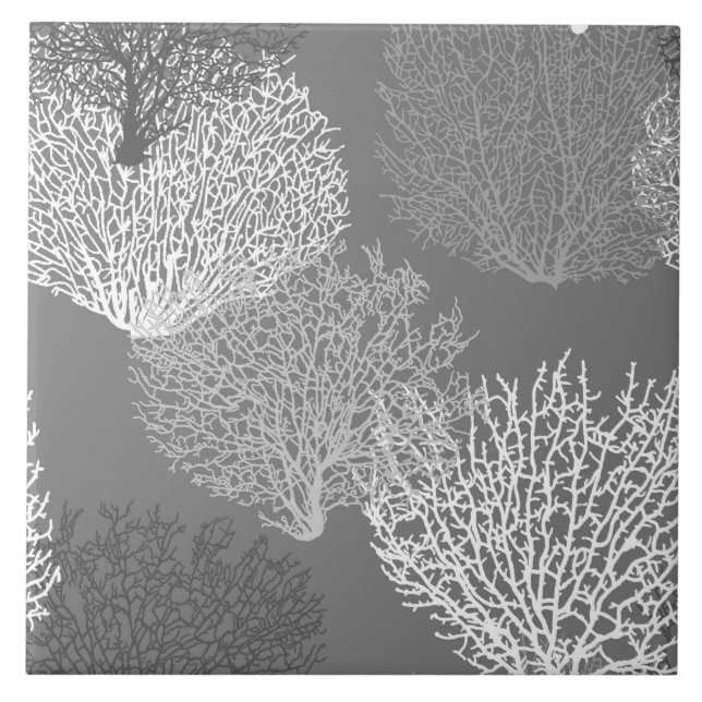 Fan Coral Print, Shades of Silver Gray / Grey Ceramic Tile (Front)