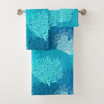 Fan Coral Print  Turquoise  Aqua And Cobalt Blue  Bath Towel Set by Floridity at Zazzle