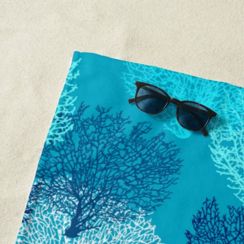 Fan Coral Print Turquoise Aqua and Cobalt Blue Beach Towel