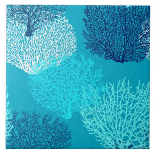 Fan Coral Print, Turquoise, Aqua and Cobalt Blue Ceramic Tile