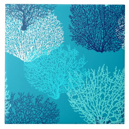 Fan Coral Print Turquoise Aqua and Cobalt Blue Ceramic Tile