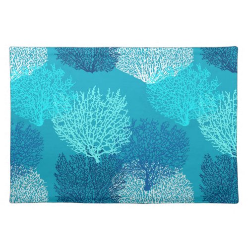 Fan Coral Print Turquoise Aqua and Cobalt Blue  Cloth Placemat