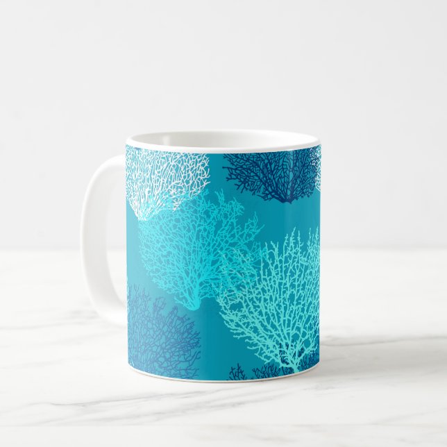 Fan Coral Print, Turquoise, Aqua and Cobalt Blue  Coffee Mug (Front Left)