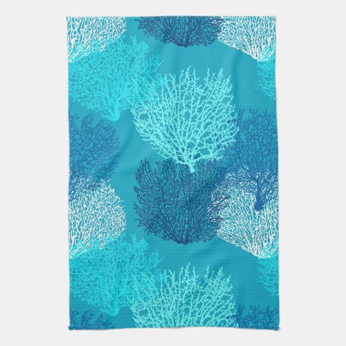 Fan Coral Print Turquoise Aqua and Cobalt Blue  Kitchen Towel