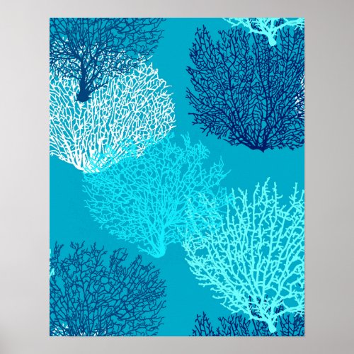 Fan Coral Print Turquoise Aqua and Cobalt Blue Poster