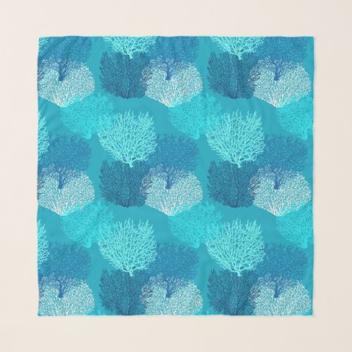 Fan Coral Print Turquoise Aqua and Cobalt Blue  Scarf