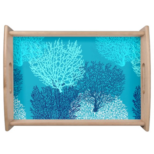 Fan Coral Print Turquoise Aqua and Cobalt Blue Serving Tray