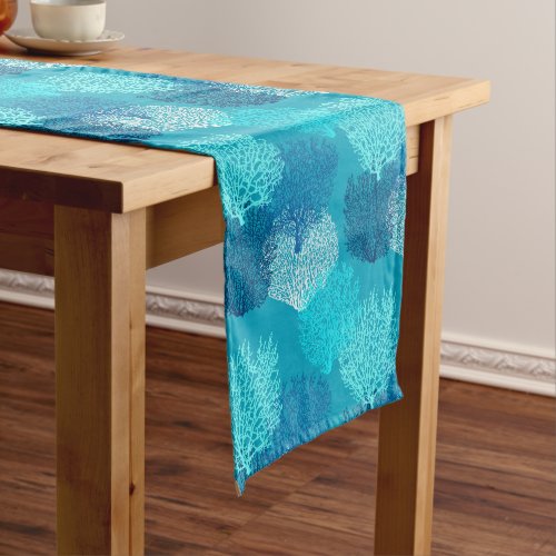 Fan Coral Print Turquoise Aqua and Cobalt Blue  Short Table Runner
